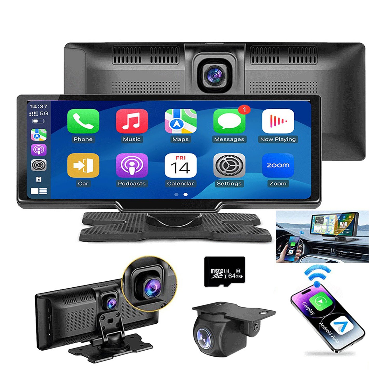 V462-TA-102-01-197278-00 10.26" Wireless Apple Android Carplay Dual Dash Cam Front Rear Camera with 64G Card - Image 1