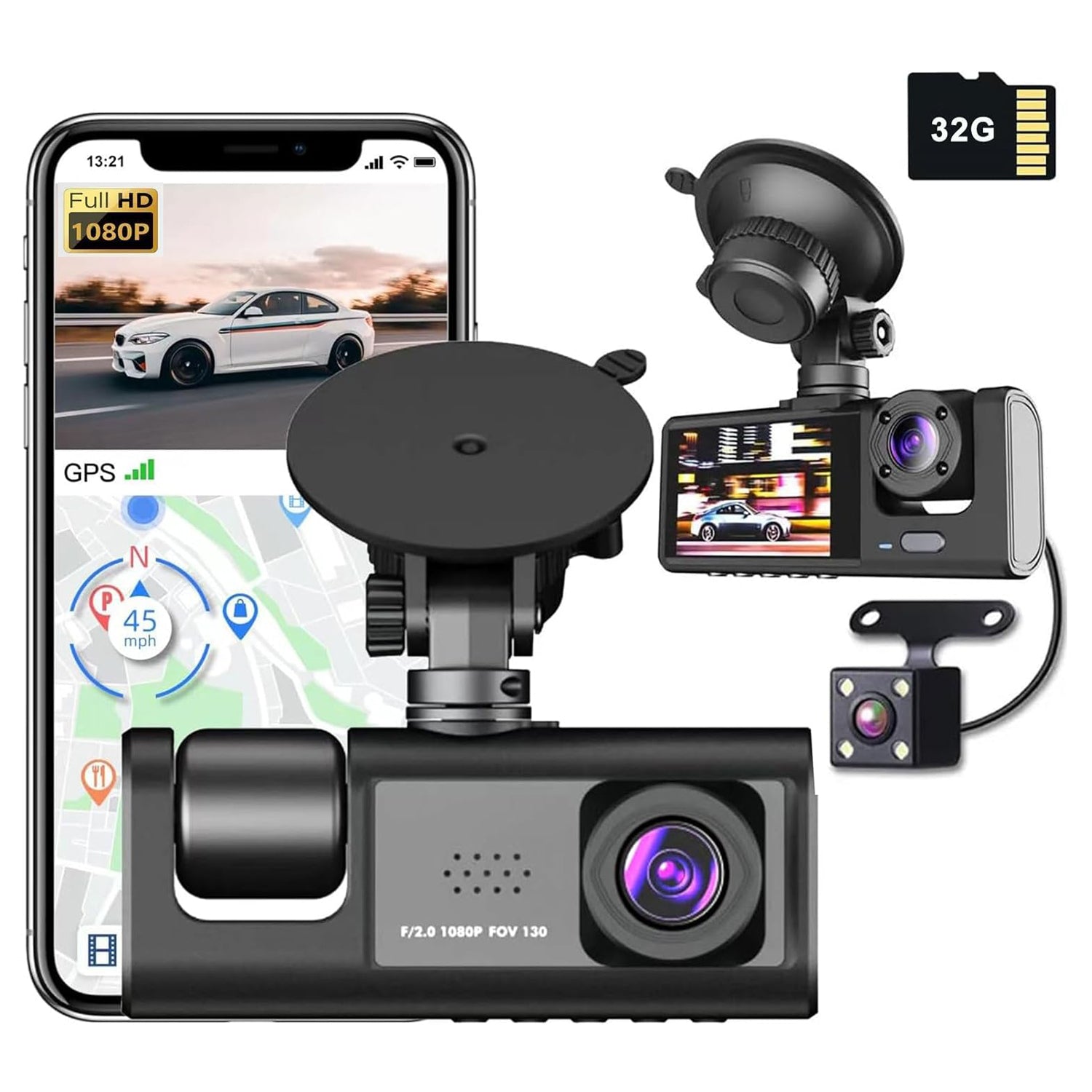 V462-TA-94-01-177452-00 WIFI 3 Channels Dash Cam 1080P Full HD Car Dashcam Comes with Free 32GB Card - Image 1