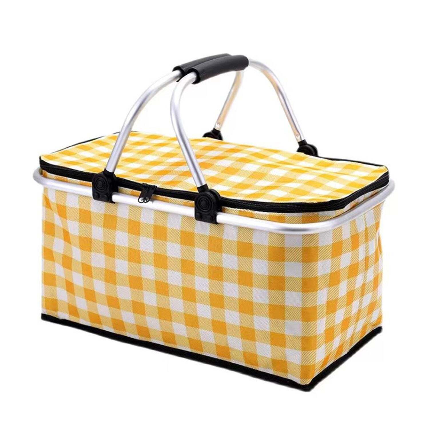 V462-TO-39-01-98719-00 Collapsible Outdoor Camping Portable Insulated Picnic Basket Camping Picnic Ice Pack(Yellow Grid) - Image 1