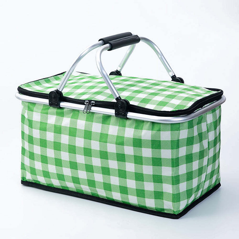 V462-TO-39-03-98721-00 Collapsible Outdoor Camping Portable Insulated Picnic Basket Camping Picnic Ice Pack(Green Grid) - Image 1