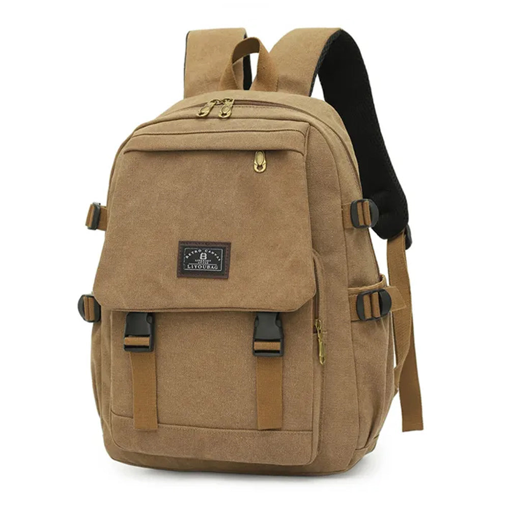 V462-TO-42-02-98726-00 Unisex Leisure Canvas Backpack Durable Waterproof Outdoor Travel Rucksack(Khaki) - Image 1