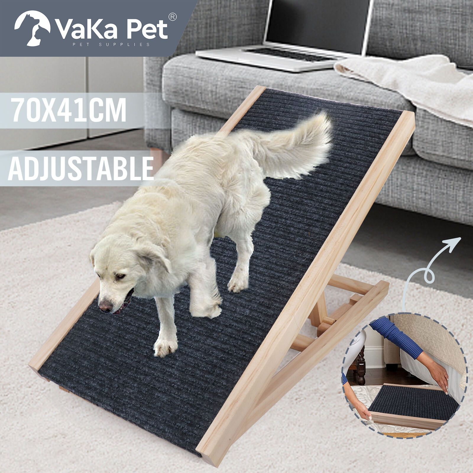 V465-82006-98239-01 VaKa 70cm Foldable Dog Pet Ramp Adjustable Height Dogs Stairs For Bed Sofa 82006 - Image 1