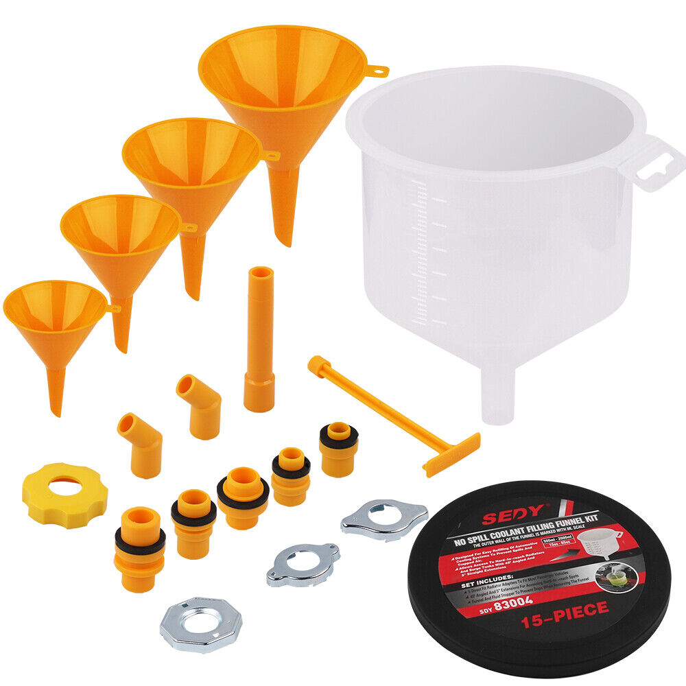 V465-83004-85497-00 19-Piece No-Spill Radiator Coolant Refilling Funnel Kit Spill Proof Radiator Bleeder Kit with Universal Adaptor - Image 1