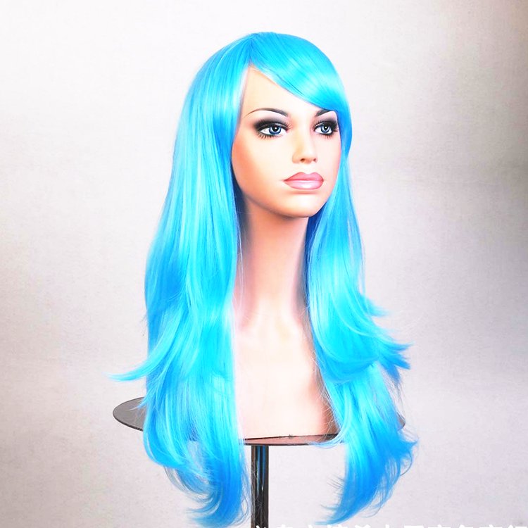 V474-15806-100998-00 70cm Wavy Curly Sleek Full Hair Lady Wigs w Side Bangs Cosplay Costume Womens, Aqua - Image 1