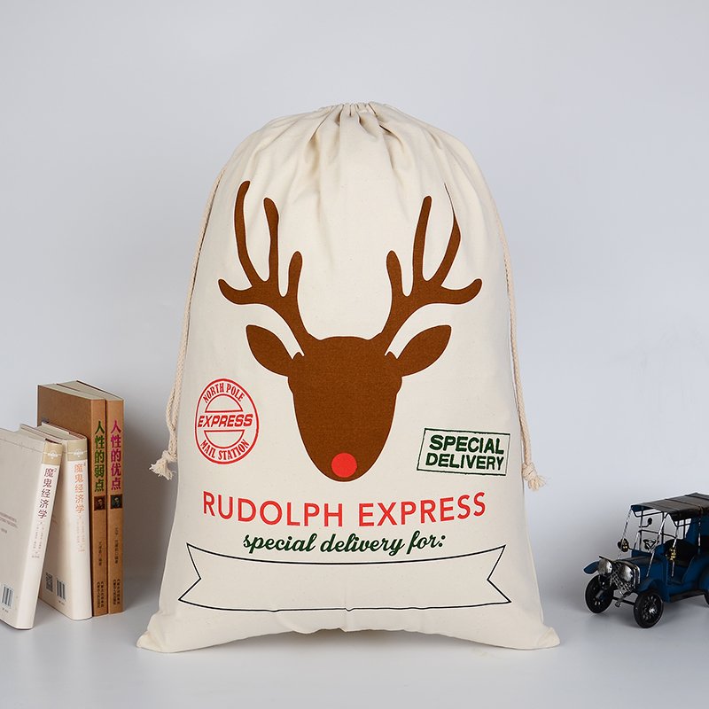 V474-16790-101158-00 50x70cm Canvas Hessian Christmas Santa Sack Xmas Stocking Reindeer Kids Gift Bag, Cream - Rudolph Express - Image 1