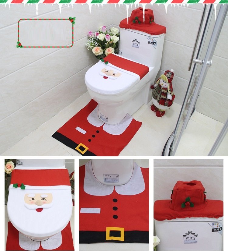 V474-207259-104098-00 4pcs Christmas Toilet Seat Cover Rug Bathroom Set Santa Snowman Xmas Home Décor, Santa - Image 1