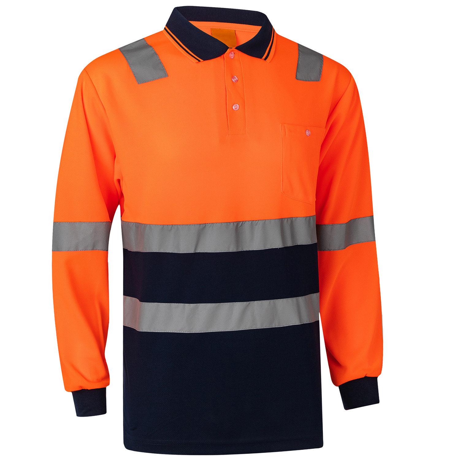 V474-210986-103241-00 HI VIS Long Sleeve Workwear Shirt w Reflective Tape Cool Dry Safety Polo 2 Tone, Fluoro Orange / Navy, L - Image 1