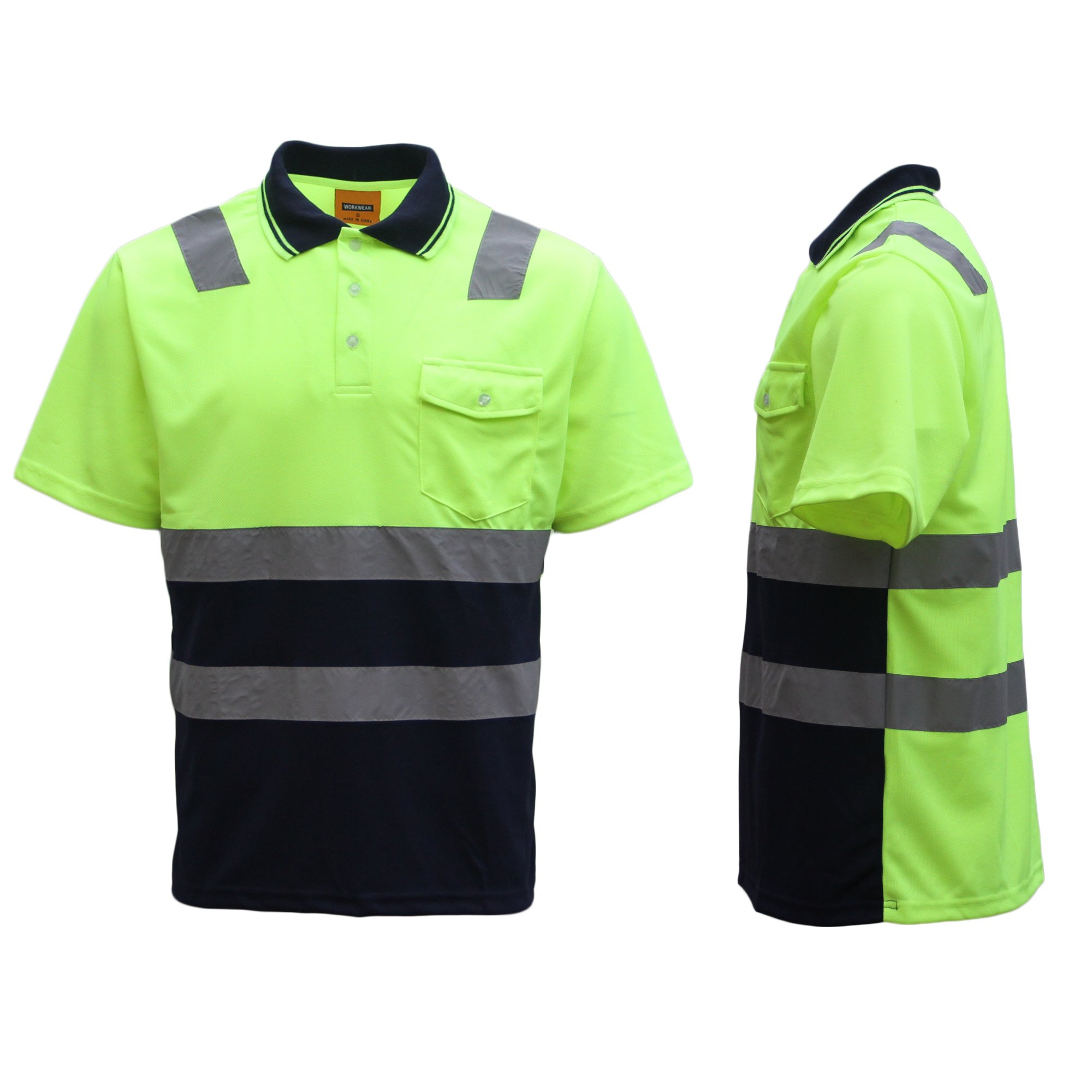 V474-212974-103421-00 HI VIS Short Sleeve Workwear Shirt w Reflective Tape Cool Dry Safety Polo 2 Tone, Fluoro Yellow / Navy, 2XL - Image 1