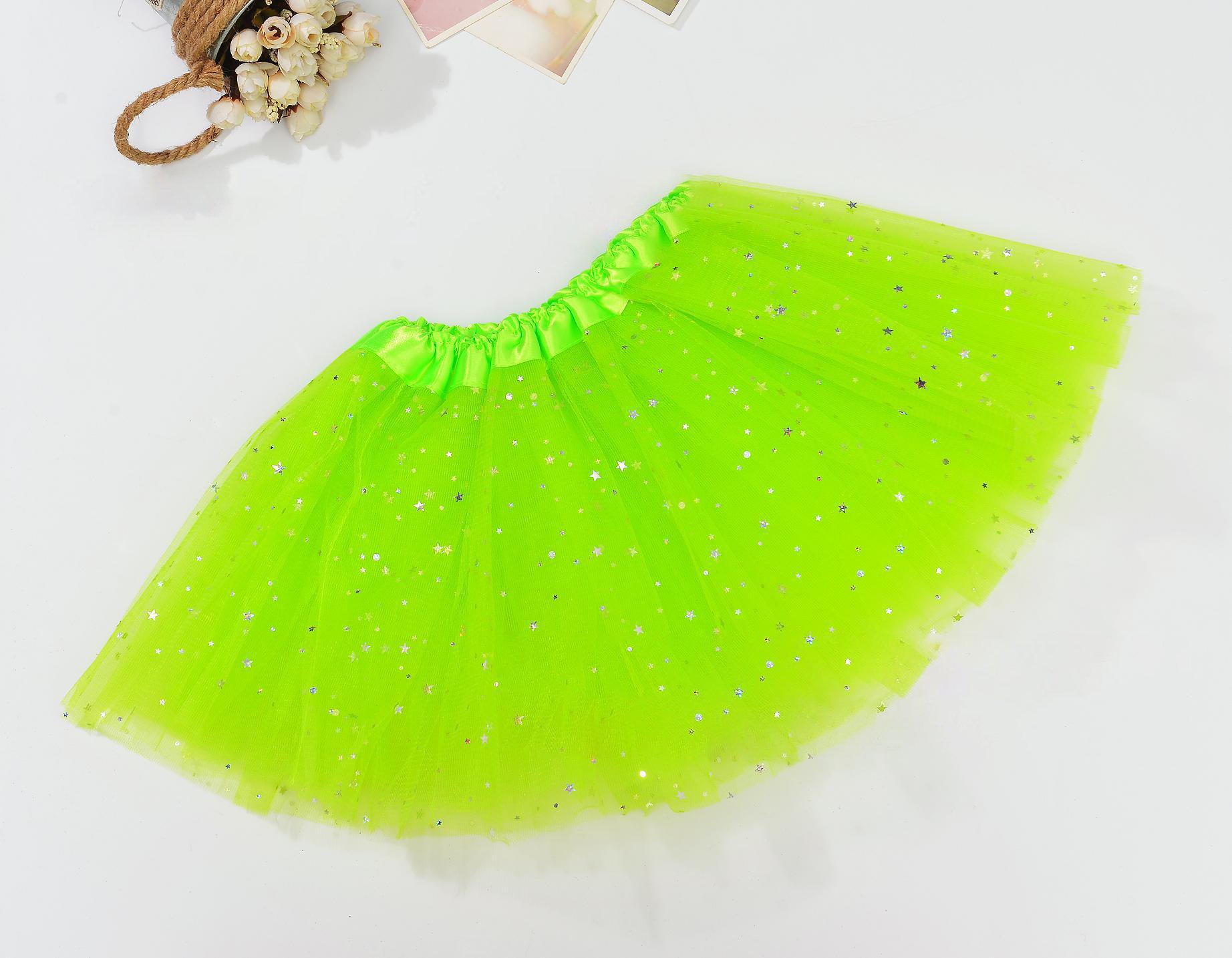 V474-226080-101659-00 Sequin Tulle Tutu Skirt Ballet Kids Princess Dressup Party Baby Girls Dance Wear, Neon Green, Kids - Image 1