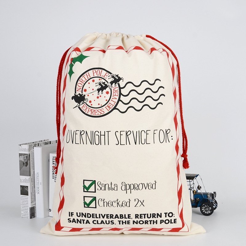 V474-291886-101261-00 50x70cm Canvas Hessian Christmas Santa Sack Xmas Stocking Reindeer Kids Gift Bag, Cream - Overnight Service - Image 1