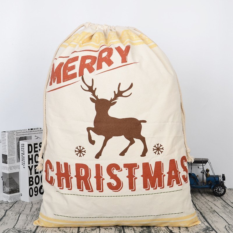 V474-291899-102444-00 Large Christmas XMAS Hessian Santa Sack Stocking Bag Reindeer Children Gifts Bag, Cream - Reindeer - Image 1