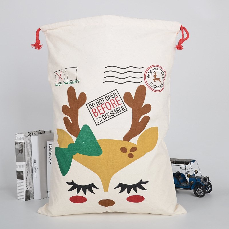 V474-291900-102722-00 Large Christmas XMAS Hessian Santa Sack Stocking Bag Reindeer Children Gifts Bag, Cream - Reindeer Girl Makeup - Image 1