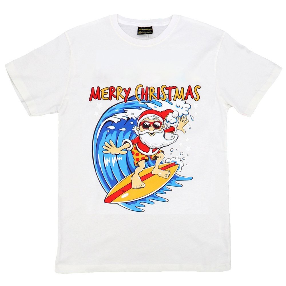 V474-380434-102321-00 New Funny Adult Xmas Christmas T Shirt Tee Mens Womens 100% Cotton Jolly Ugly, Santa Surf (White), 3XL - Image 1