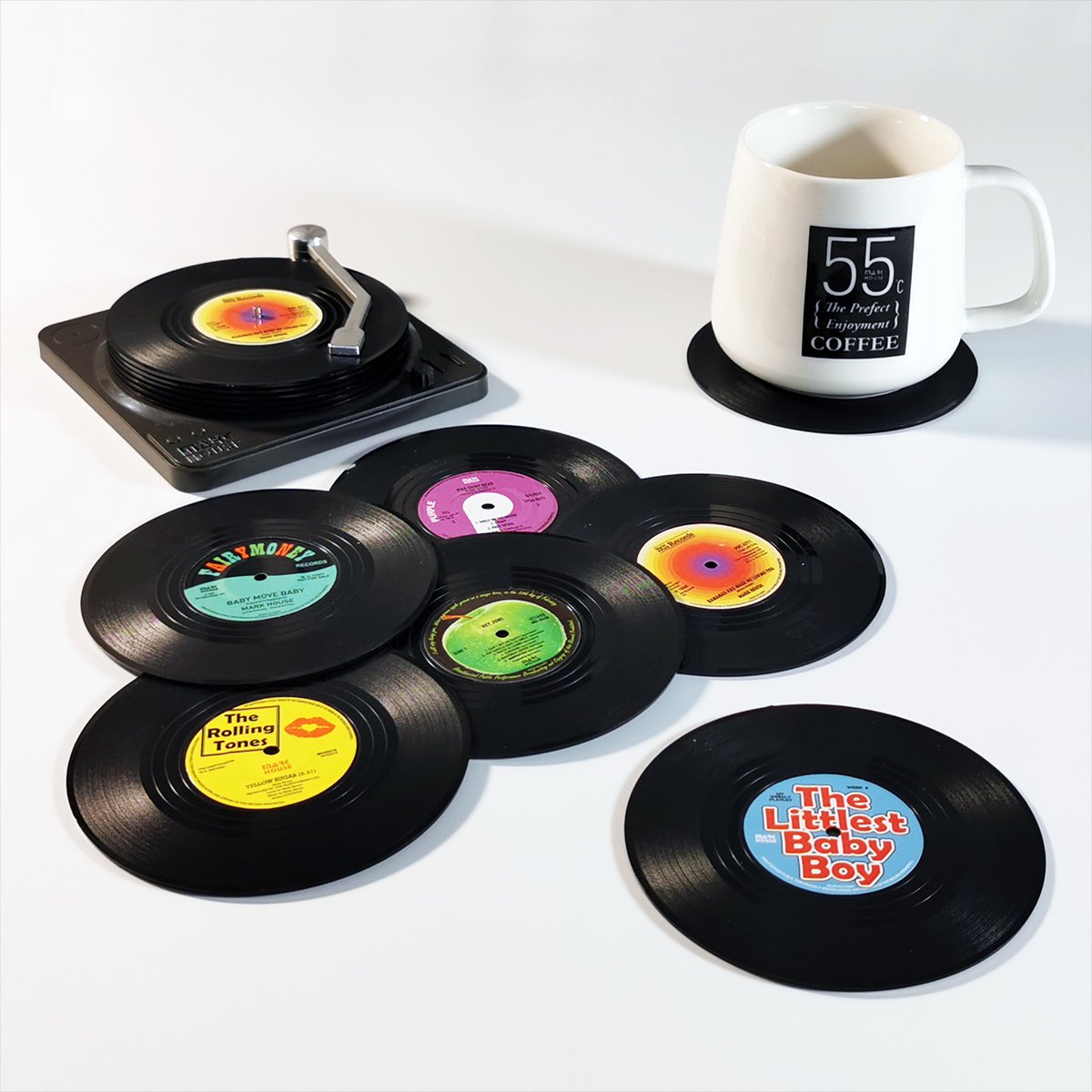 V474-393863-103145-00 6x Creative Vinyl Record Cup Coasters w Holder Glass Drink Tableware Home Décor, A w/ Record Player Holder - Image 1