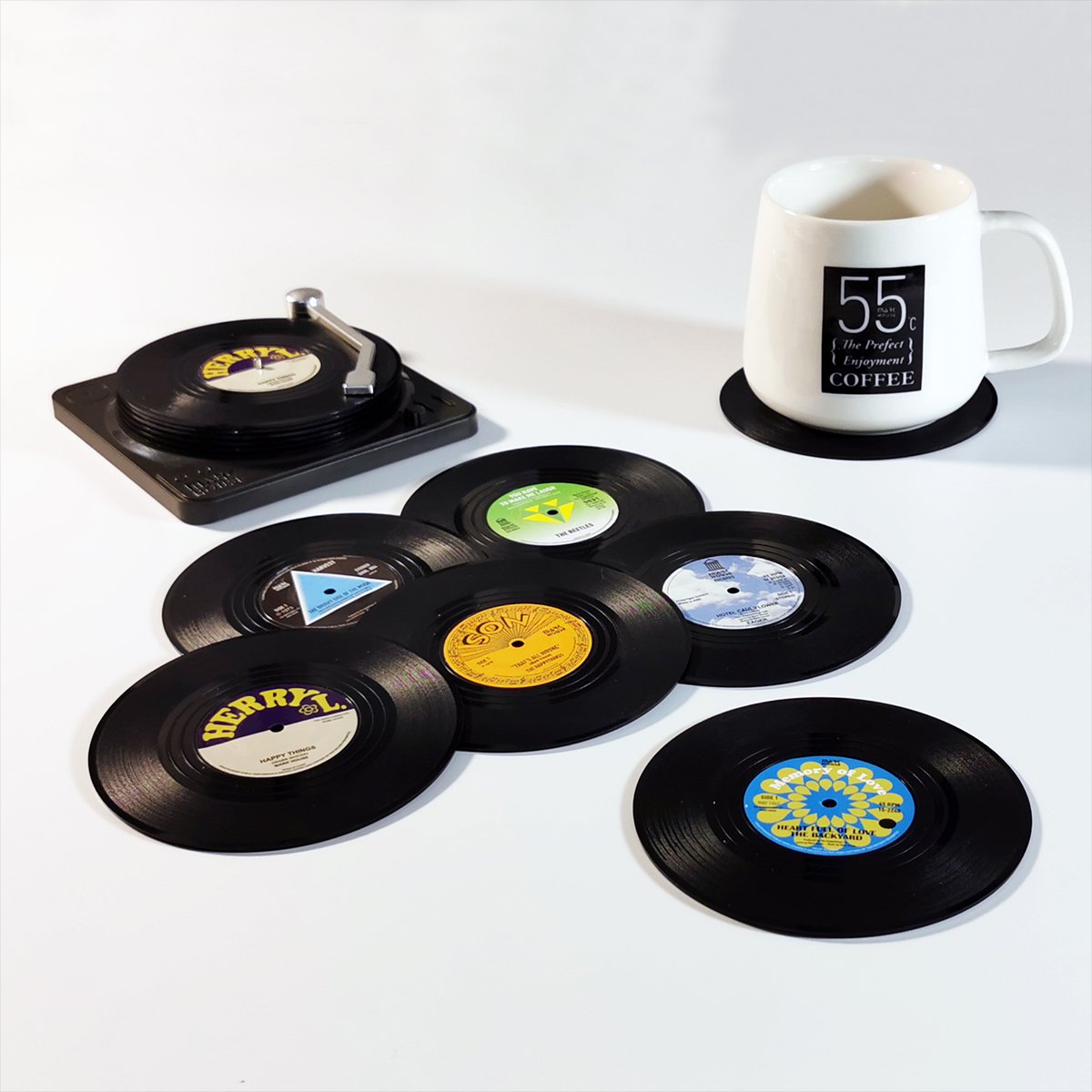 V474-393864-103158-00 6x Creative Vinyl Record Cup Coasters w Holder Glass Drink Tableware Home Décor, B w/ Record Player Holder - Image 1