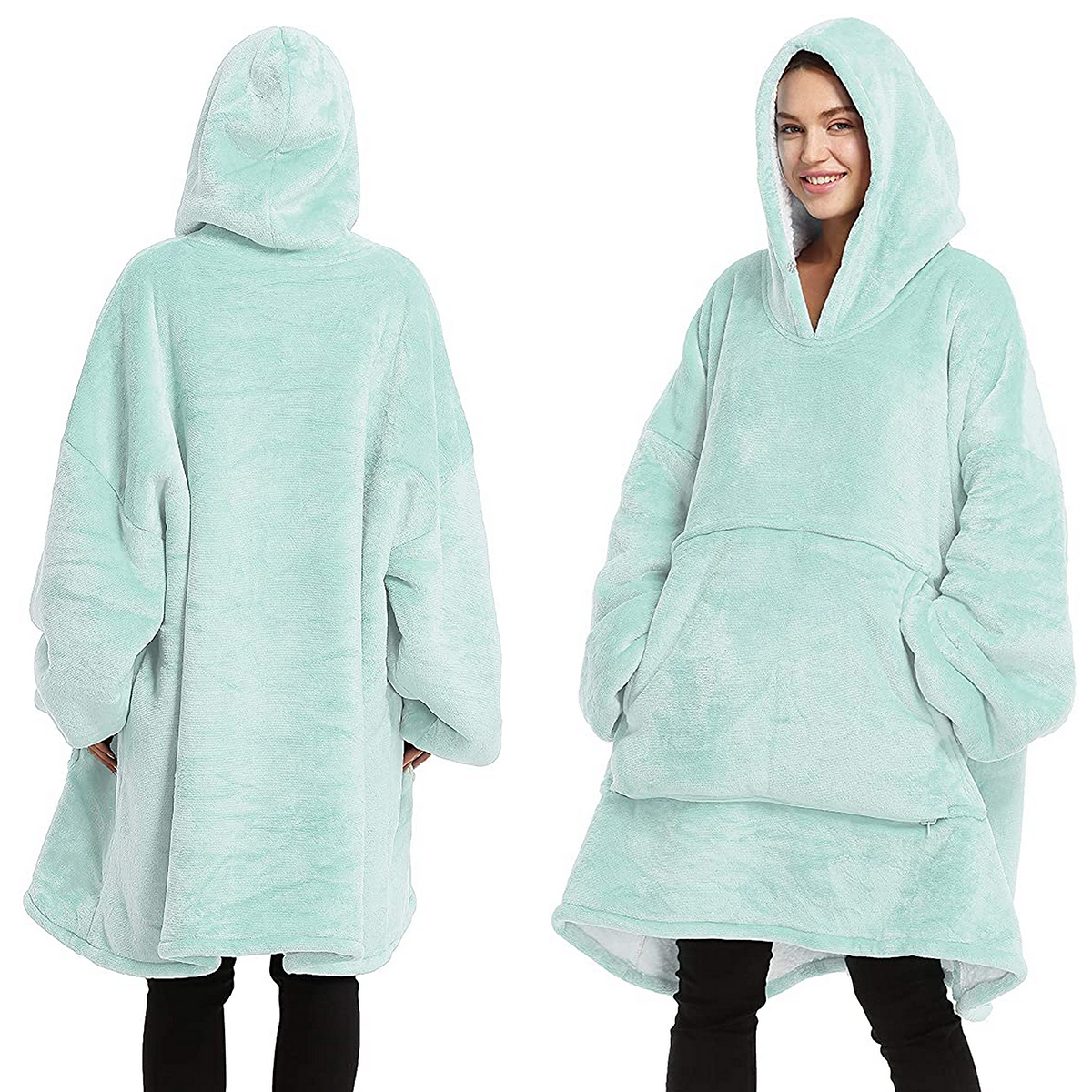 V474-438914-103498-00 Oversized Soft Pullover Plain Hoodie Warm Fleece Blanket Plush Winter Sweatshirt, Aqua, Adult - Image 1