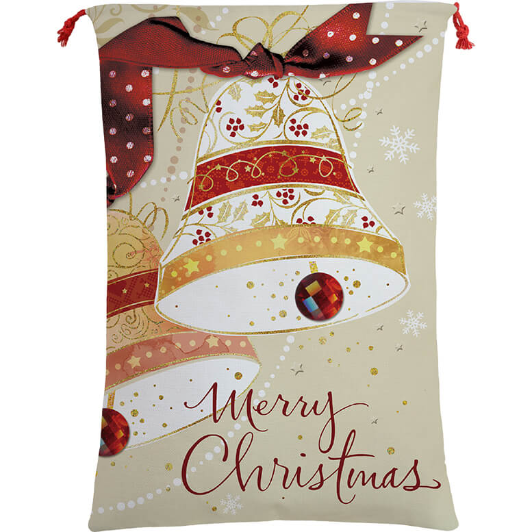 V474-462263-101305-00 50x70cm Canvas Hessian Christmas Santa Sack Xmas Stocking Reindeer Kids Gift Bag, Merry Christmas Bells - Image 1