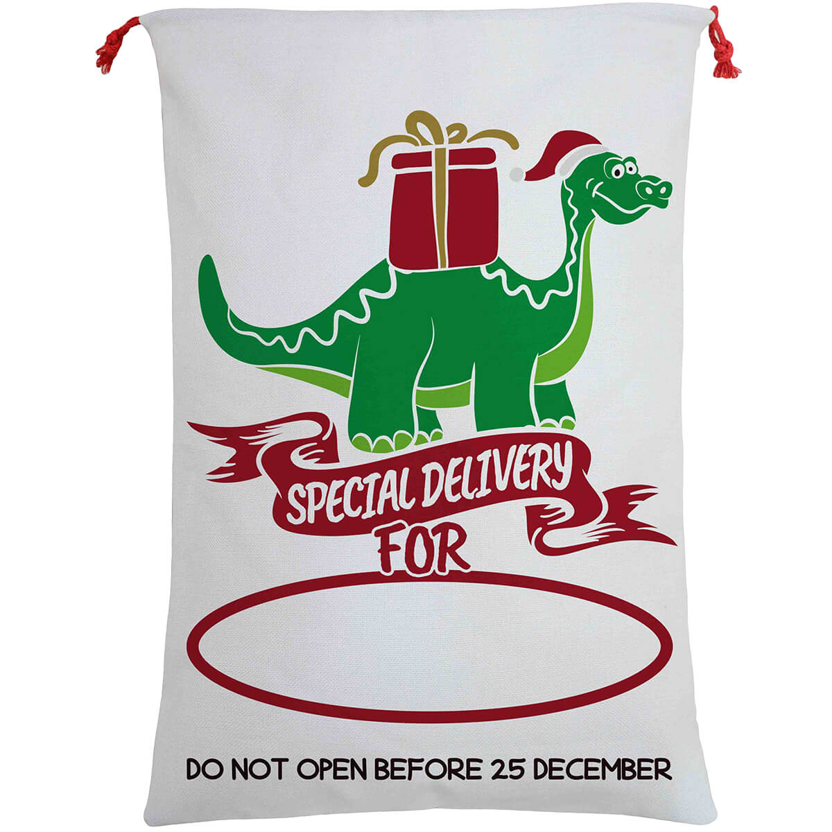 V474-462275-101341-00 50x70cm Canvas Hessian Christmas Santa Sack Xmas Stocking Reindeer Kids Gift Bag, Special Delivery By Dinosaur - Image 1
