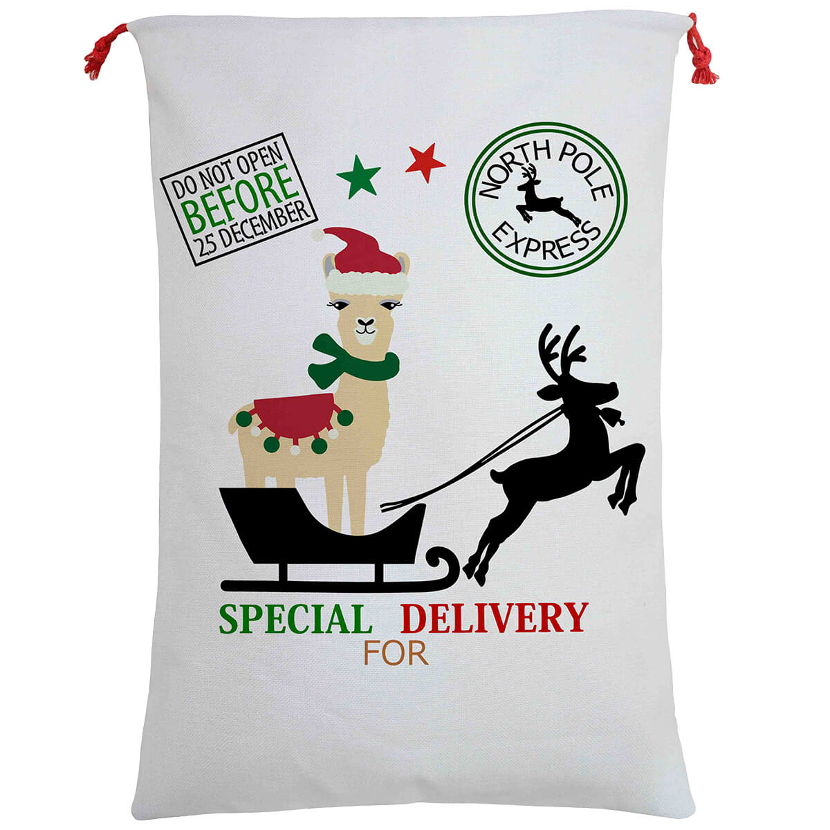 V474-462281-101347-00 50x70cm Canvas Hessian Christmas Santa Sack Xmas Stocking Reindeer Kids Gift Bag, Special Delivery By Alpaca - Image 1