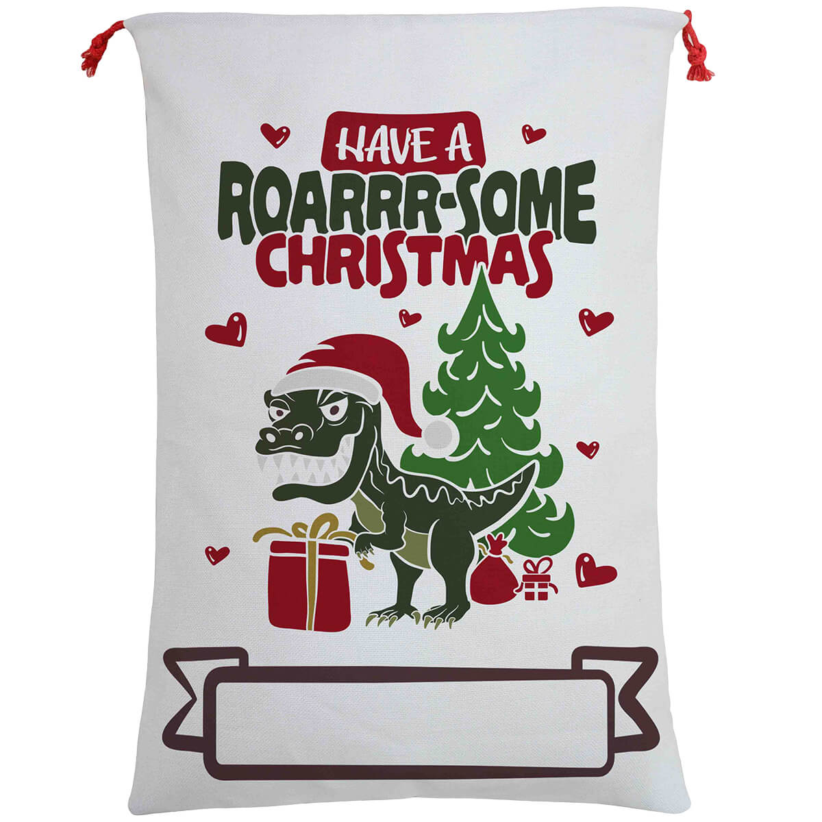 V474-462323-102398-00 Large Christmas XMAS Hessian Santa Sack Stocking Bag Reindeer Children Gifts Bag, Have A Roar-some Christmas - Image 1