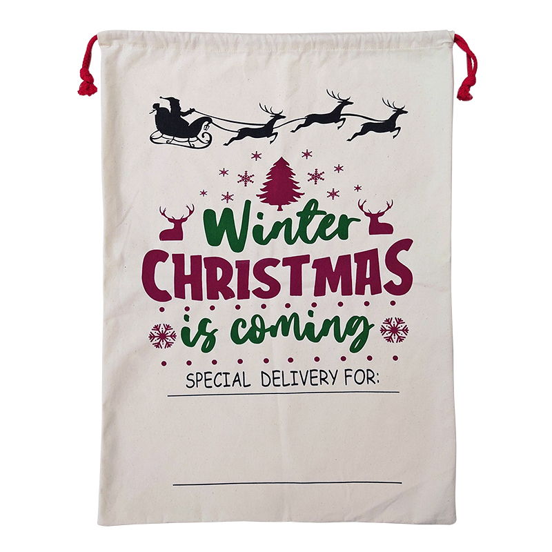 V474-546967-101422-00 50x70cm Canvas Hessian Christmas Santa Sack Xmas Stocking Reindeer Kids Gift Bag, Cream - Winter Is Coming - Image 1