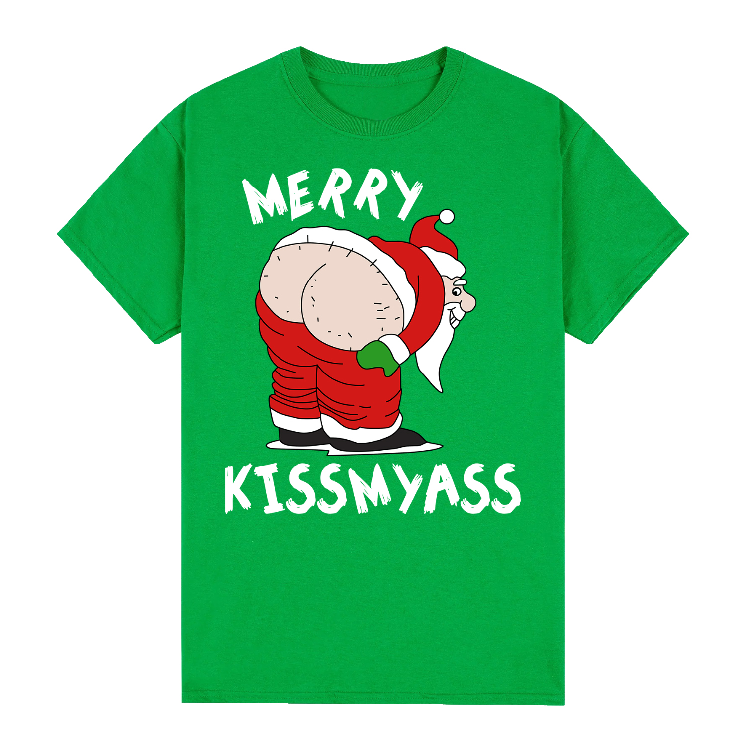 V474-626551-99427-00 100% Cotton Christmas T-shirt Adult Unisex Tee Tops Funny Santa Party Custume, Merry Kissmyass (Green), M - Image 1