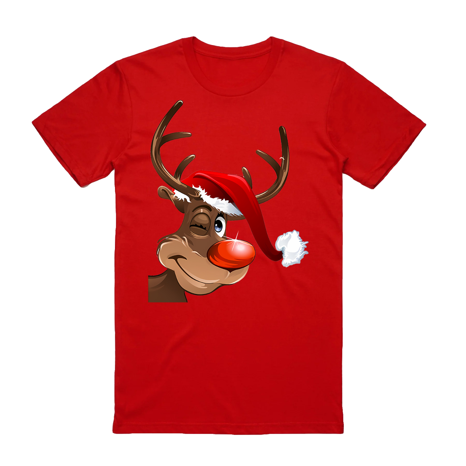 V474-626558-99442-00 100% Cotton Christmas T-shirt Adult Unisex Tee Tops Funny Santa Party Custume, Reindeer Wink (Red), L - Image 1