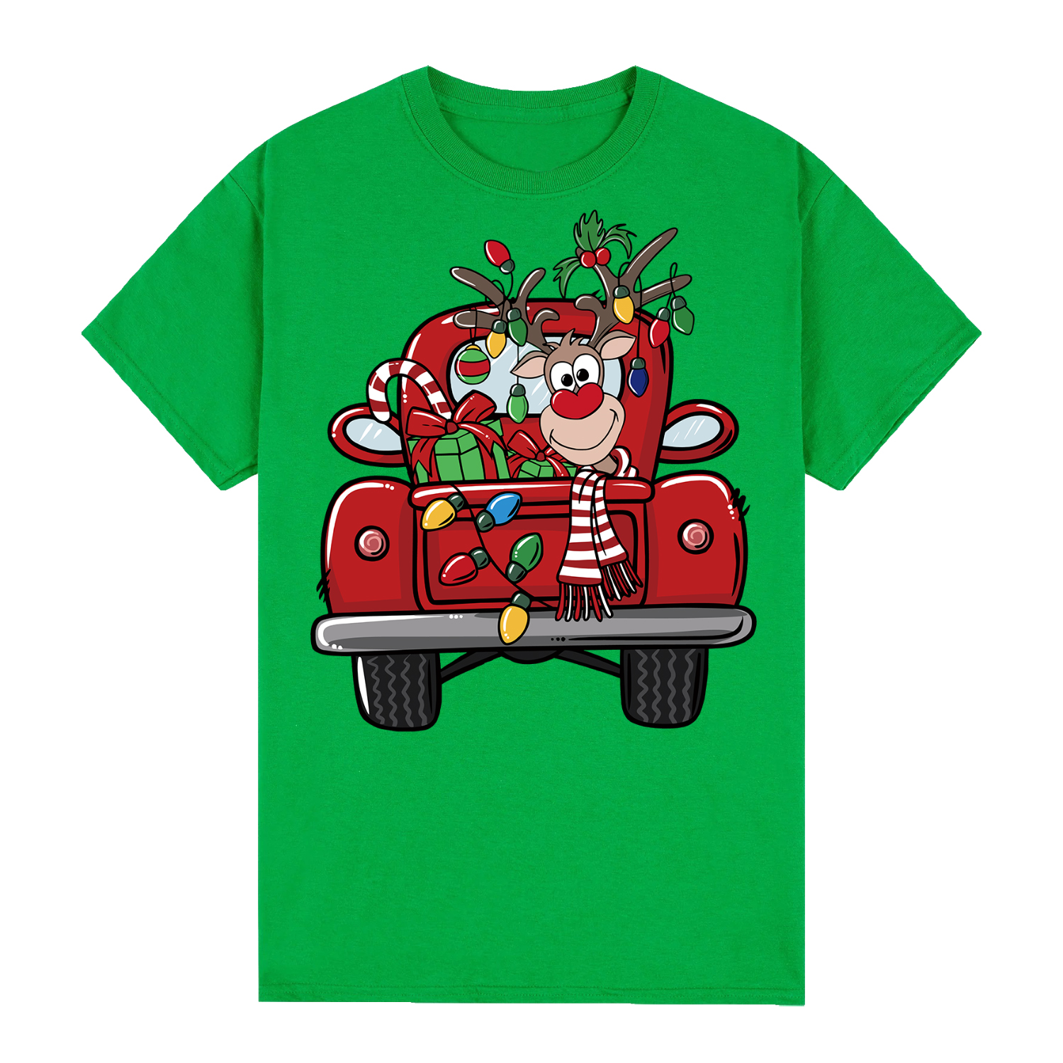 V474-626579-99744-00 100% Cotton Christmas T-shirt Adult Unisex Tee Tops Funny Santa Party Custume, Car with Reindeer (Green), 3XL - Image 1