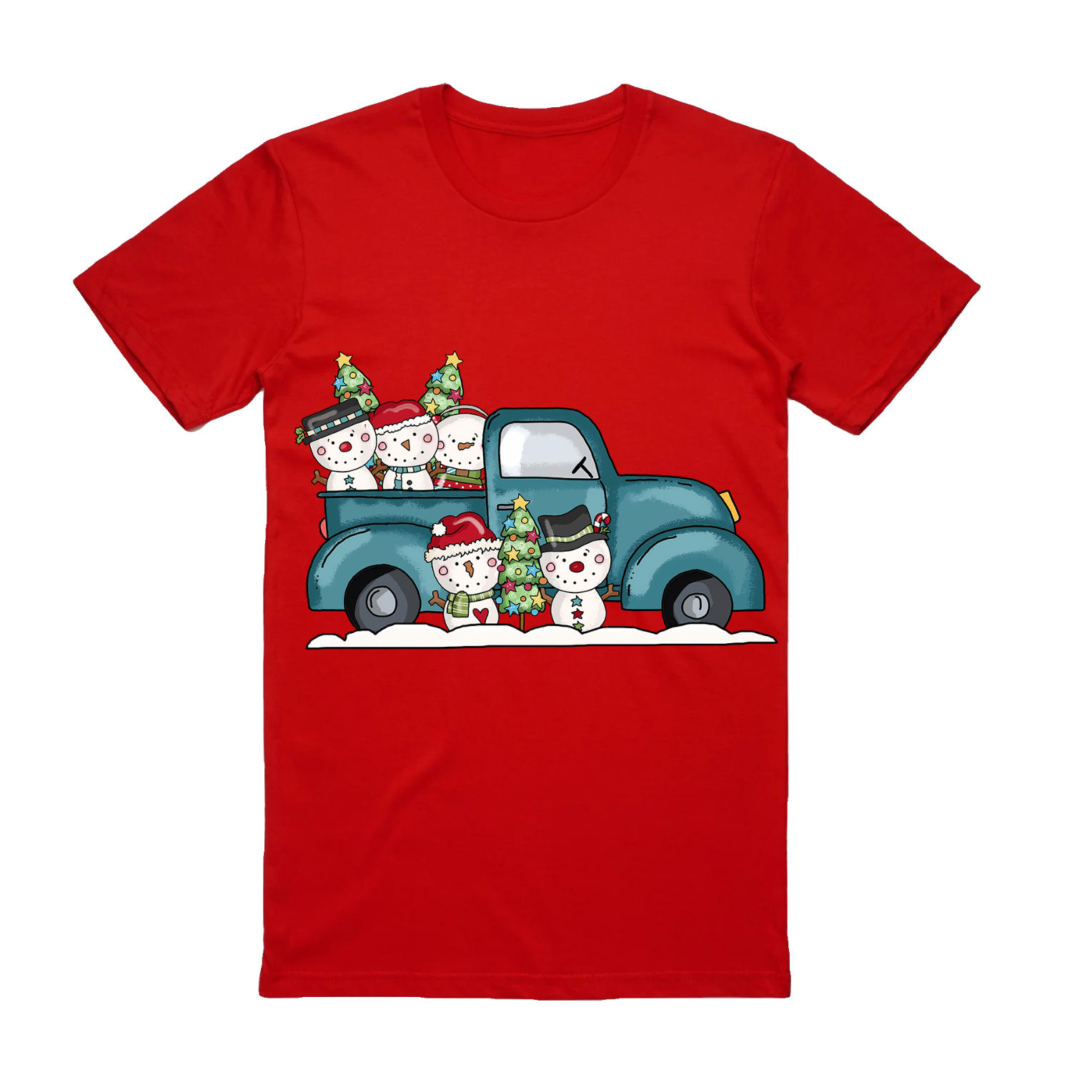 V474-626667-100025-00 100% Cotton Christmas T-shirt Adult Unisex Tee Tops Funny Santa Party Custume, Car with Snowman (Red), XL - Image 1
