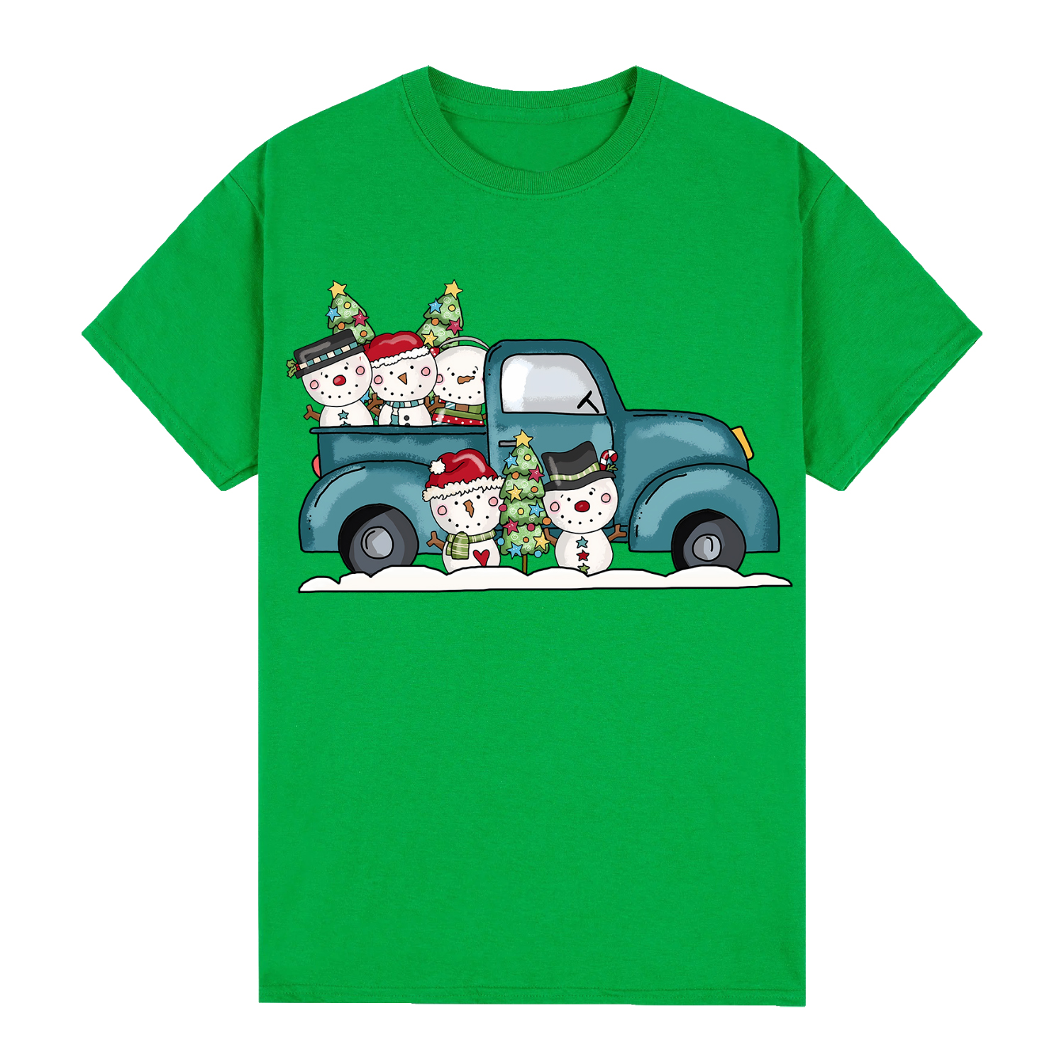 V474-626670-100028-00 100% Cotton Christmas T-shirt Adult Unisex Tee Tops Funny Santa Party Custume, Car with Snowman (Green), S - Image 1