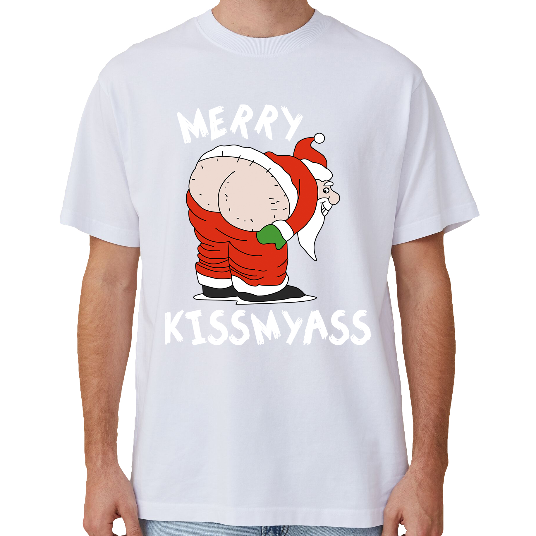 V474-633819-141870-00 100% Cotton Christmas T-shirt Adult Unisex Tee Tops Funny Santa Party Custume, Merry Kissmyass (White), XL - Image 1