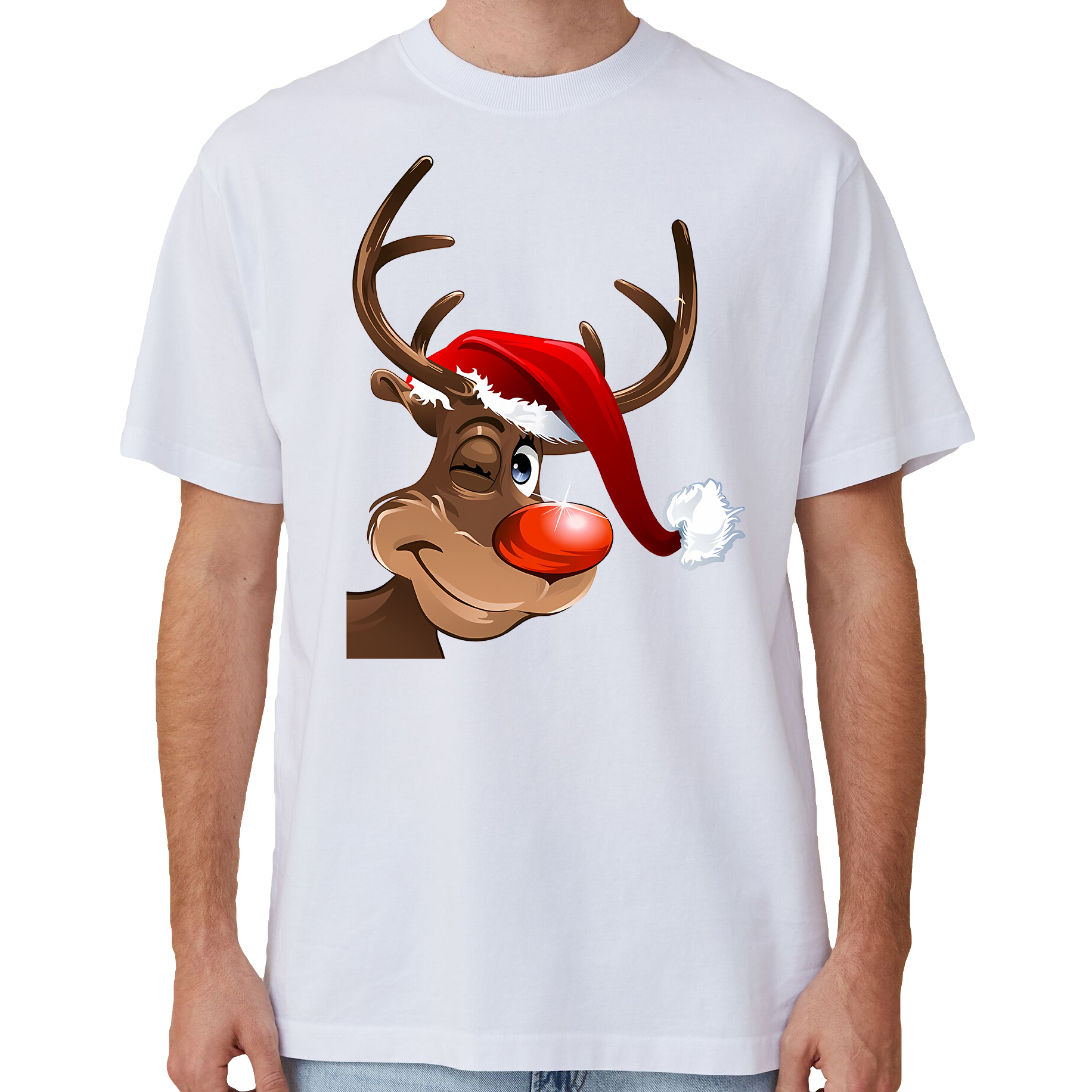 V474-633824-202505081821-00 100% Cotton Christmas T-shirt Adult Unisex Tee Tops Funny Santa Party Custume, Reindeer Wink (White), L - Image 1