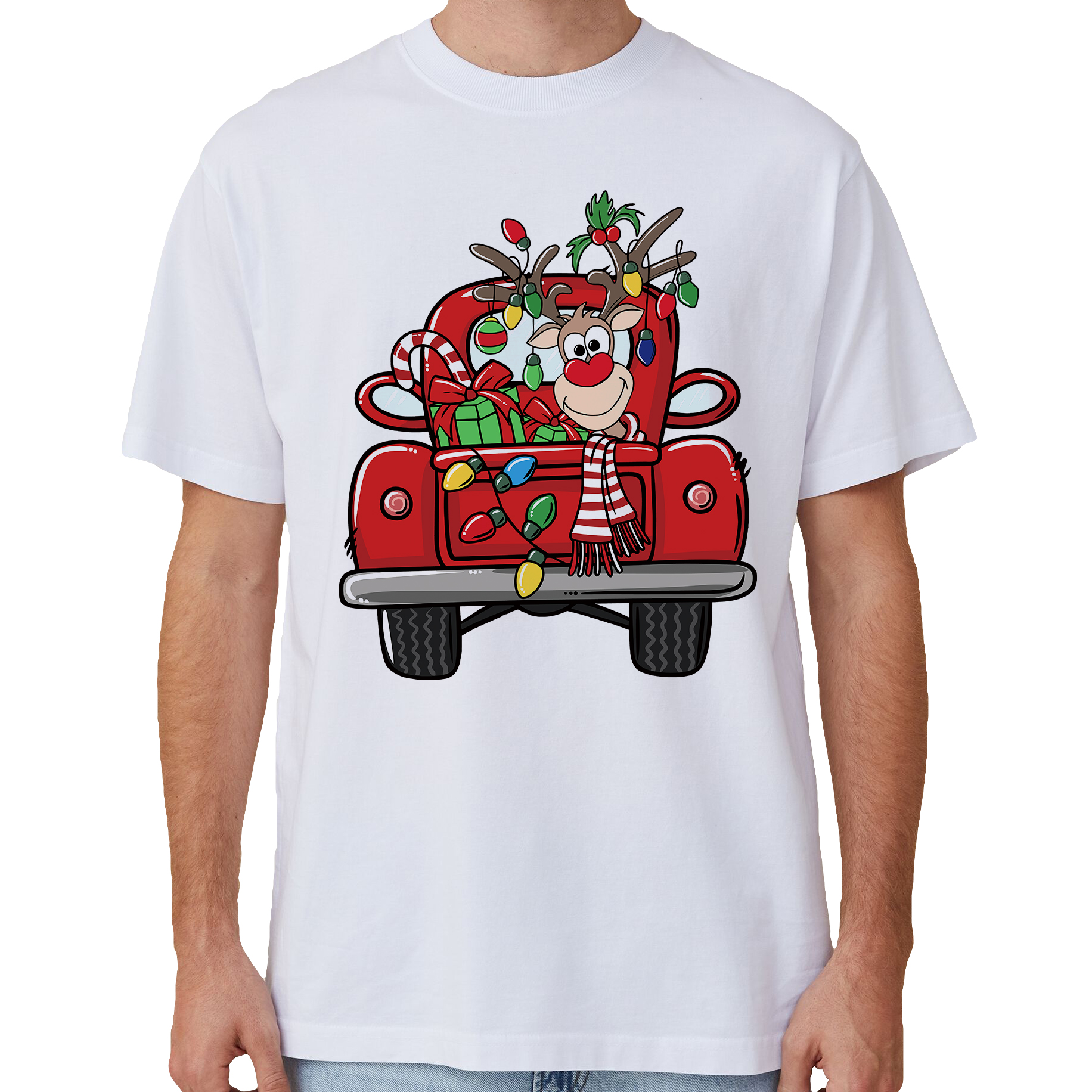 V474-633831-141864-00 100% Cotton Christmas T-shirt Adult Unisex Tee Tops Funny Santa Party Custume, Car with Reindeer (White), XL - Image 1