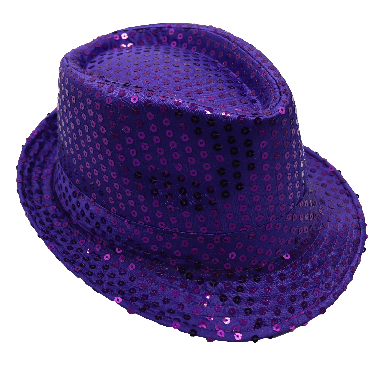 V474-655219-161132-00 Adults Kids Unisex Sequin Fedora Hat Dance Cap Solid Jazz Party Glitter Costume, Purple - Image 1