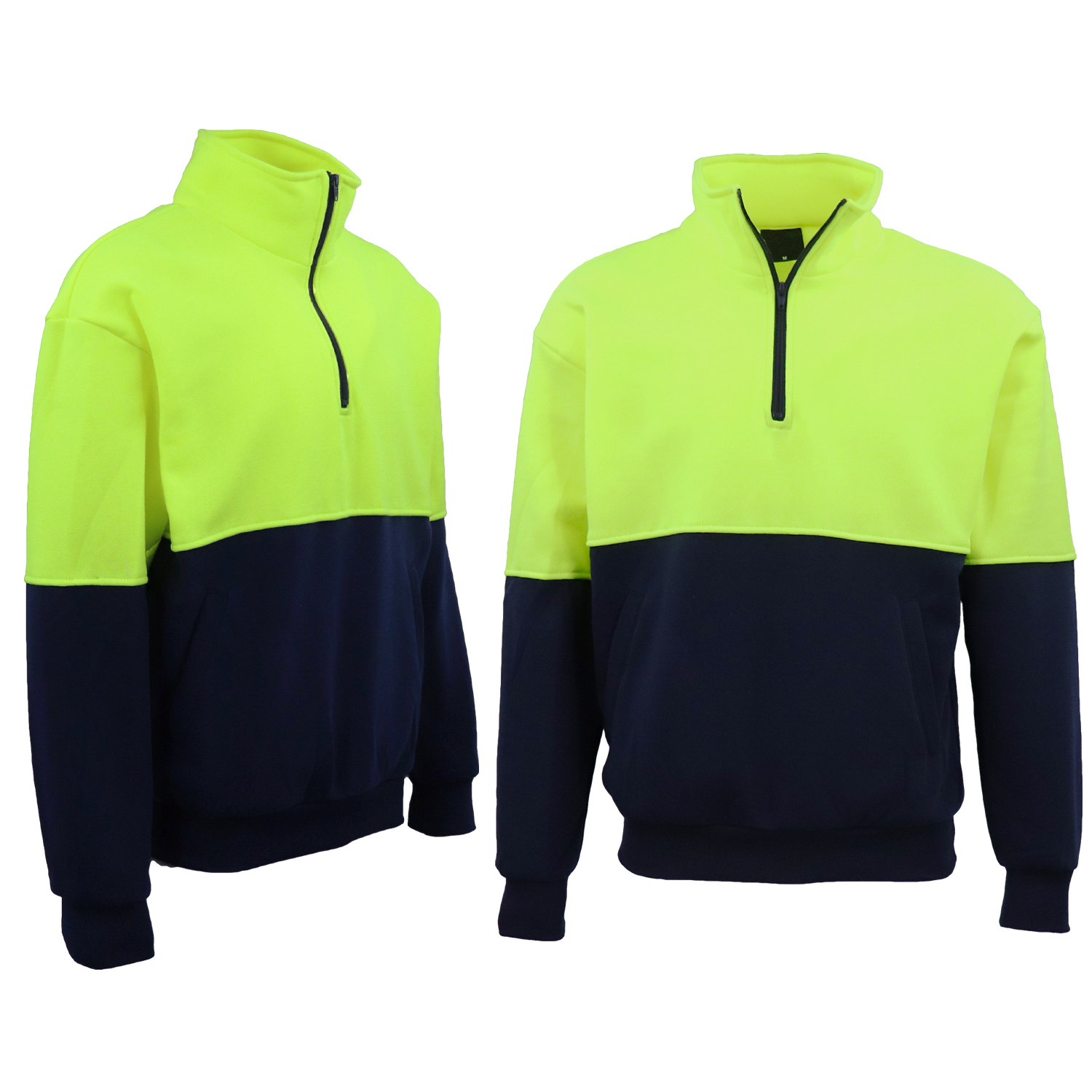 V474-663685-174590-00 Hi Vis Safety Fleecy Half Zip Pullover Jumper Jacket Sweater Shirts Workwear, Fluro Yellow / Navy, S - Image 1