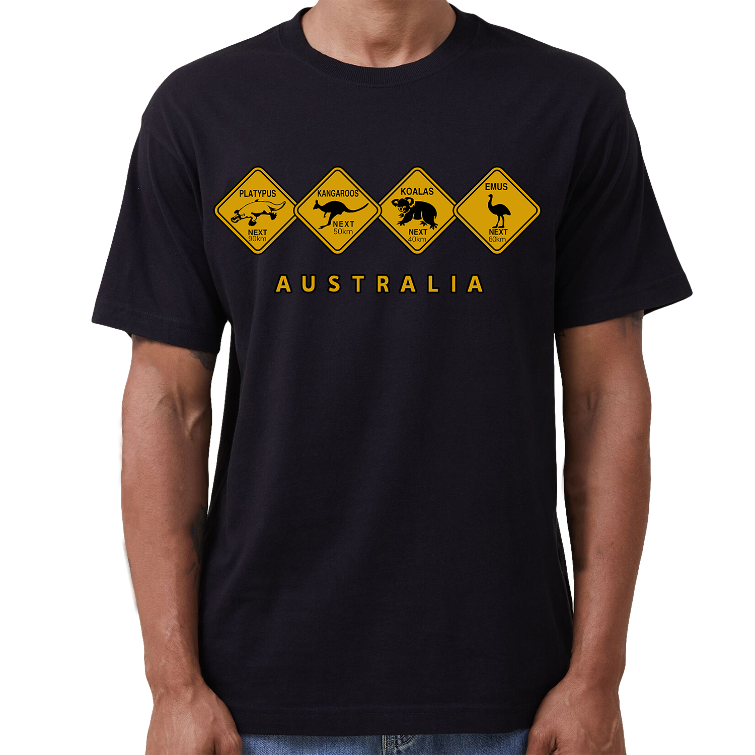 V474-687127-218764-00 Adult Unisex 100% Cotton T Shirt Australia Wildlife Road Sign Souvenir Tee Tops, Black, XL - Image 1