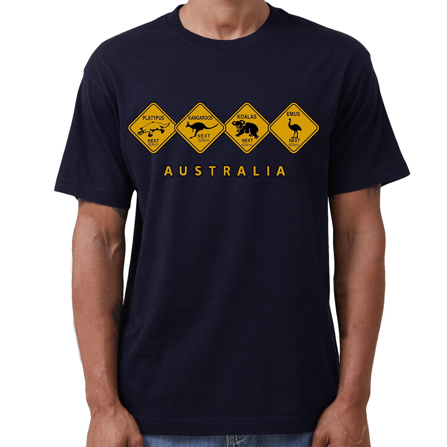V474-687140-202503201041-00 Adult Unisex 100% Cotton T Shirt Australia Wildlife Road Sign Souvenir Tee Tops, Navy, 2XL - Image 1