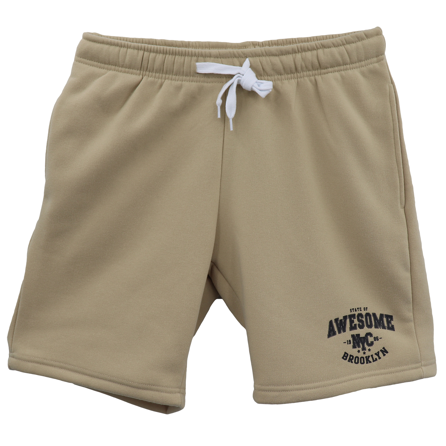 V474-700109-202502241811-00 Men's Fleece Shorts Casual Sports Sweat Pants w Elastic Waist Drawstring Pockets, Beige, L - Image 1