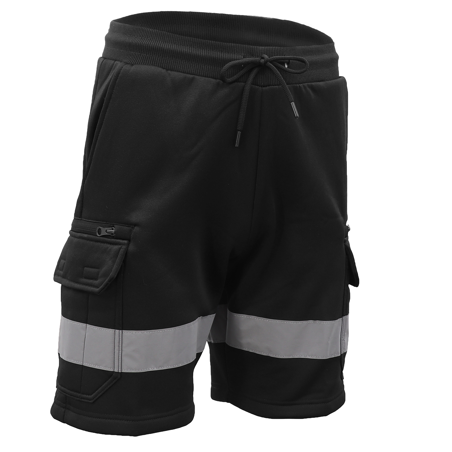 V474-739114-202505281141-00 Hi Vis Fleece Work Cargo Shorts w Reflective Tape Workwear Tradie Utility Pants, Black, XL - Image 1