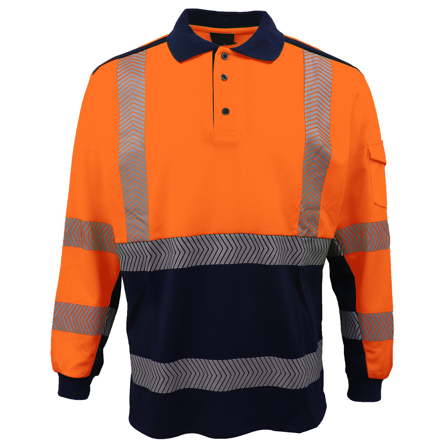 V474-739781-202505281145-00 HI VIS Long Sleeve Polo Shirt Reflective Tape Safety Tradie Work Wear Tops Tee, Fluro Orange / Navy, XL - Image 1