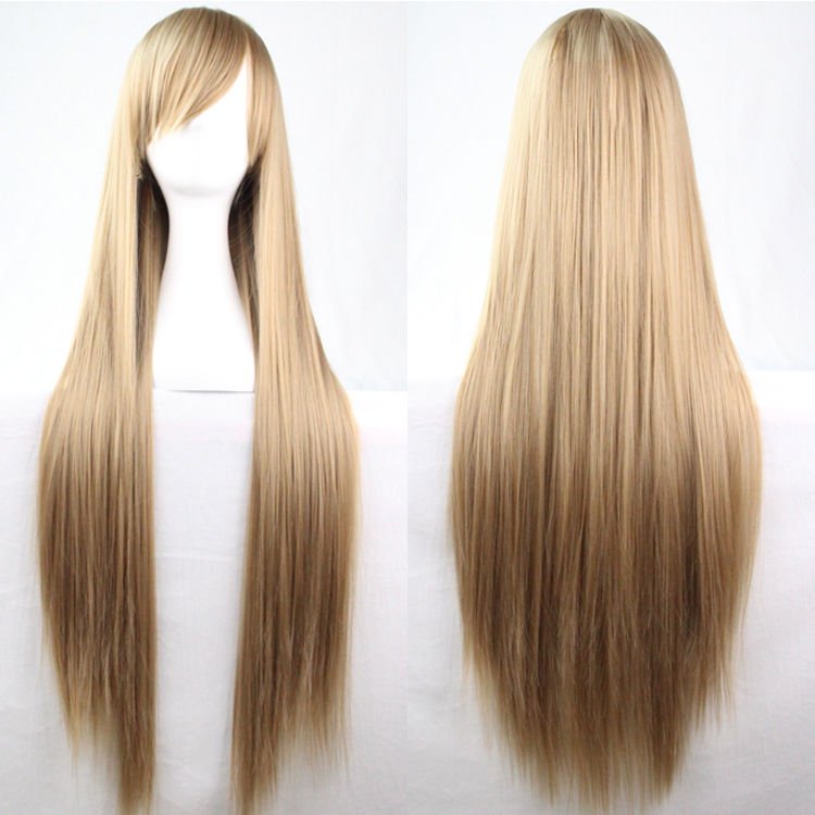 V474-7473-100919-00 New 80cm Straight Sleek Long Full Hair Wigs w Side Bangs Cosplay Costume Womens, Medium Blonde - Image 1