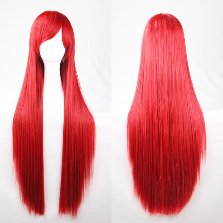 V474-7479-100925-00 New 80cm Straight Sleek Long Full Hair Wigs w Side Bangs Cosplay Costume Womens, Red - Image 1