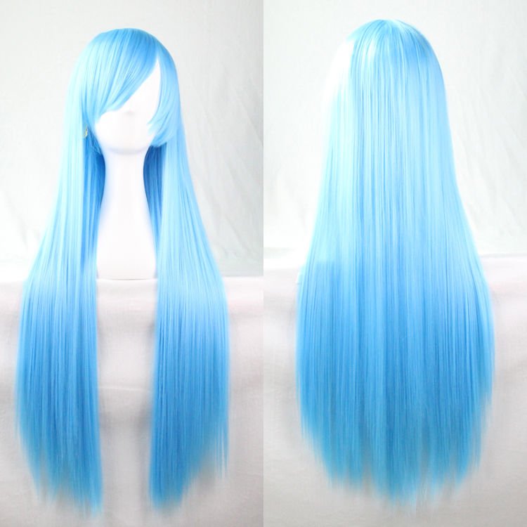 V474-7487-100941-00 New 80cm Straight Sleek Long Full Hair Wigs w Side Bangs Cosplay Costume Womens, Aqua - Image 1