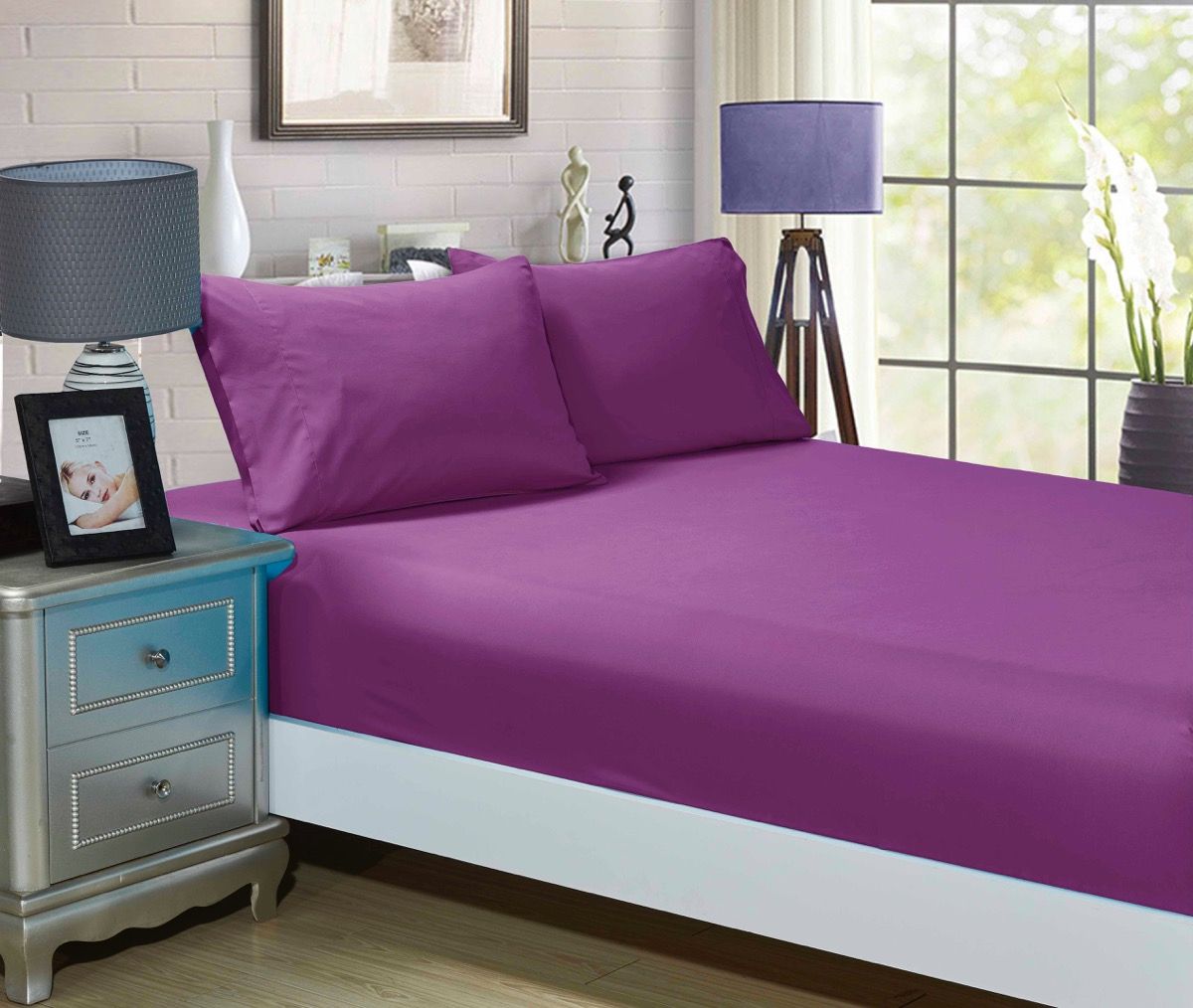 V493-AKSF-02-88465-00 1000TC Ultra Soft Fitted Sheet & Pillowcase Set - King Single Size Bed - Purple - Image 1