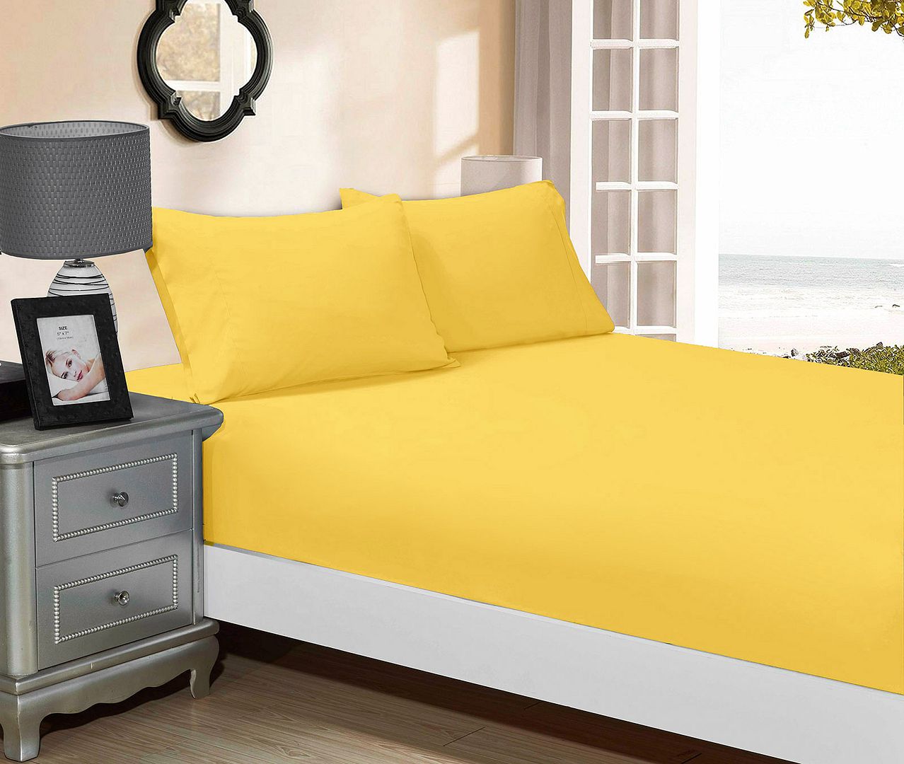 V493-AQF-21-88371-00 1000TC Ultra Soft Fitted Sheet & 2 Pillowcases Set - Queen Size Bed - Yellow - Image 1