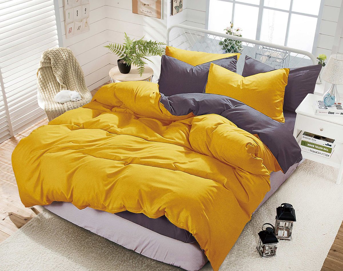 V493-LK-04-88279-00 1000TC Reversible King Size Yellow and Grey Duvet Quilt Cover Set - Image 1