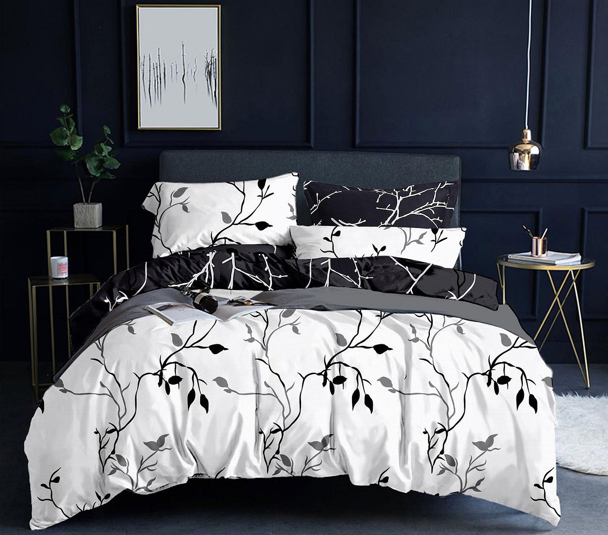 V493-MK-386-87658-00 Tree Reversible King Size White Duvet Quilt Cover Set - Image 1