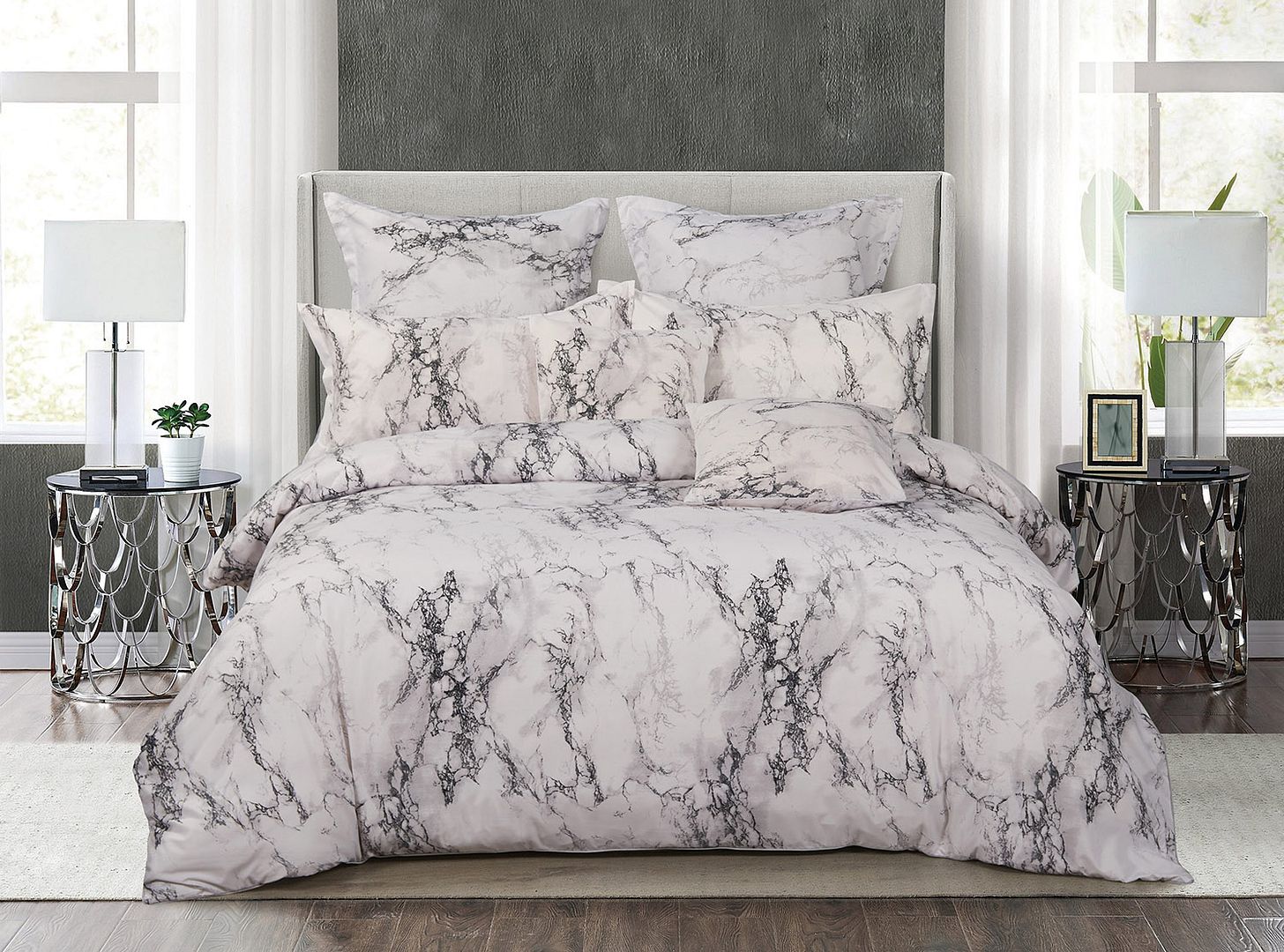 V493-MQ-404-87639-00 White Marble Queen Size Duvet Quilt Cover Set - Image 1