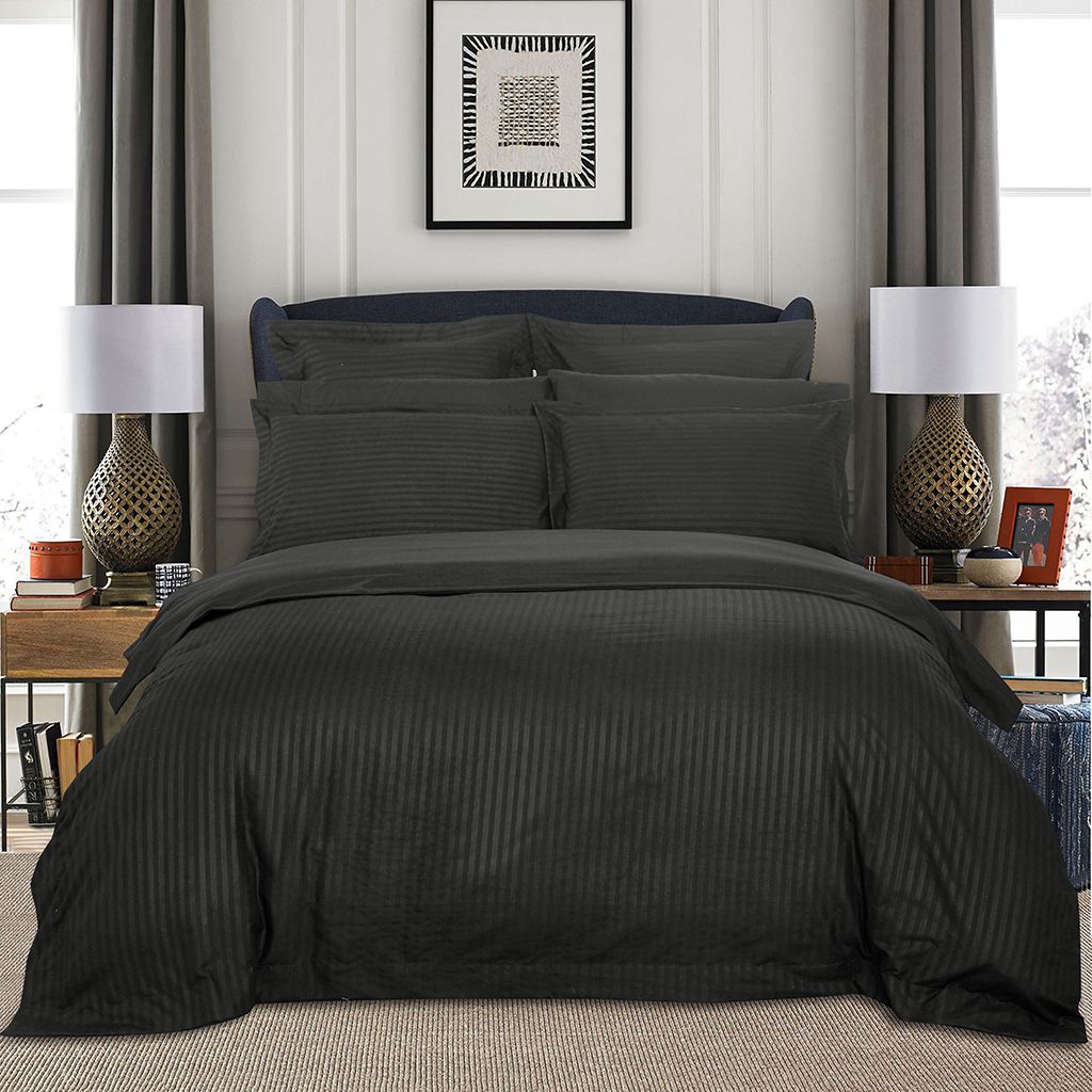 V493-NK-11-88264-00 1000TC Ultra Soft Striped King Size Charcoal Duvet Quilt Cover Set - Image 1