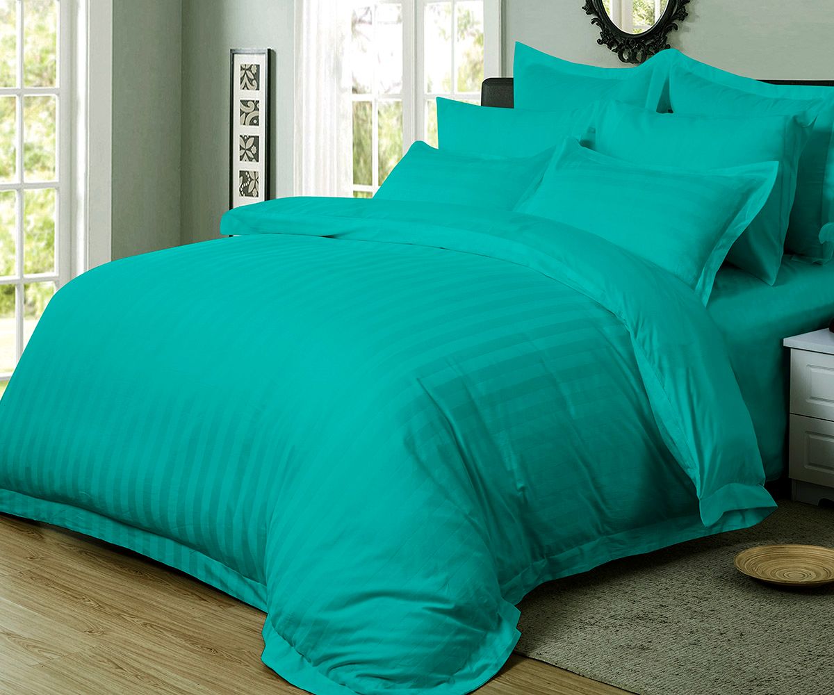 V493-YQ-07-88268-00 1000TC Ultra Soft Striped Queen Size Teal Duvet Quilt Cover Set - Image 1
